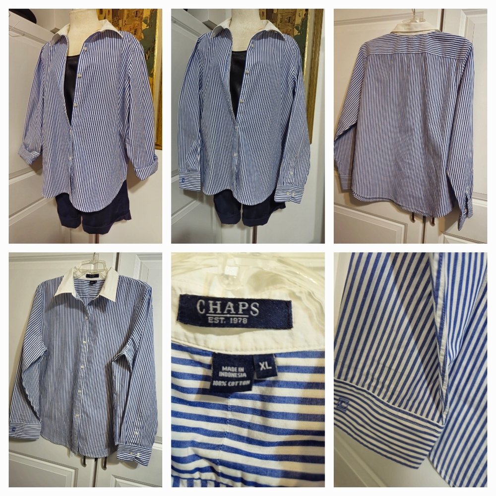 CHAPS WOMEN'S BLUE & WHITE LONG SLEEVE STRIPE  XL